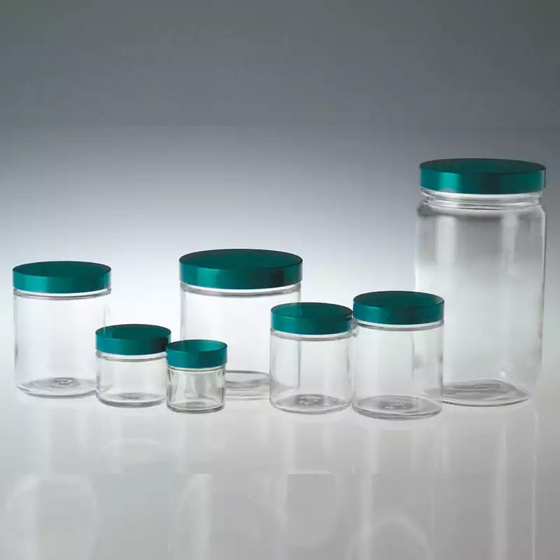 Clear Short Straight Side Round Bottle / Jar / 단형대광구병, with Teflon Lined Cap