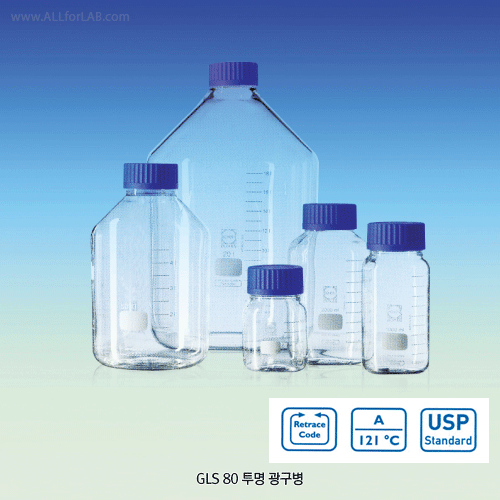 DURAN® GLS 80 Multi-function Wide Neck Clear Glass Bottles, 250~20,000㎖ with Graduation & id. Φ80mm Screwcap, 0.25~20 Lit. GLS80 / 광구 다용도 랩 바틀