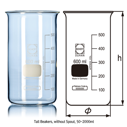 DURAN® Hi-grade Batch-certificated Standard Beakers, Standard Low Form, Full range 5~10,000㎖ Ideal for Heating & General use, Borosilicate-glass 3.3, / 고품질 표준형 비커
