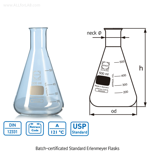 DURAN® Hi-grade Batch-certificated Standard Erlenmeyer Flasks, Narrow-neck or Wide-neck, 25~5000㎖ with Graduation, Boro-glass 3.3, DIN/ISO/UPS, / 표준형 삼각 플라스크