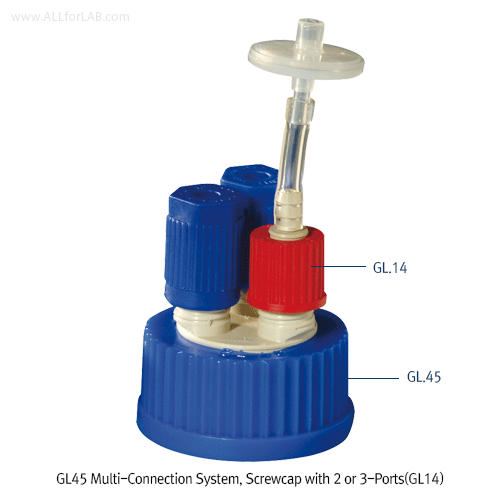 DURAN® GL45 Multi-Connection System, Screwcap with 2 or 3-Ports(GL14), For all GL45 Bottles with 2 or 3 Ports (GL14), od.Φ1.6~6.0mm Tube Using for Connection, Autoclavable, GL45 / 멀티 콘넥타캡