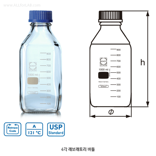 DURAN® Space-saver Square Bottles, Ideal for Culture & Storage, 100~1,000㎖ with Screwcap & Pouring Ring, GL32 & 45 / 4각 래보래토리 바틀
