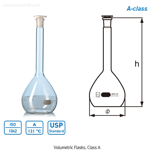 DURAN® Volumetric Flasks, Class A, Boro-glass 3.3, ISO/DIN, 5~5000㎖ with White Graduation & Octagonal PE Stopper, /메스,용량 플라스크