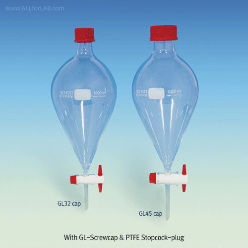 SciLab® Professional Separatory Funnels, with DURAN® PBT GL-Screwcap/PTFE Seals  / 100~5000㎖스크류-캡 분액 깔때기, PTFE콕, DURAN Boro-glass 3.3, with PTFE plug Stopper