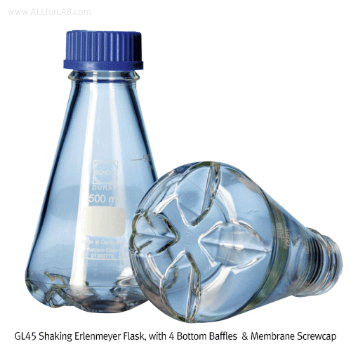 DURAN® Membrane Filter Screwcapped Shaking Flasks, Produce a Higher Oxygen Transfer, 250ㆍ500ㆍ1000㎖ with 4 Bottom Baffles / Boro-glass 3.3 / DIN GL45 Thread, / 멤브레인 캡부 쉐이킹 플라스크