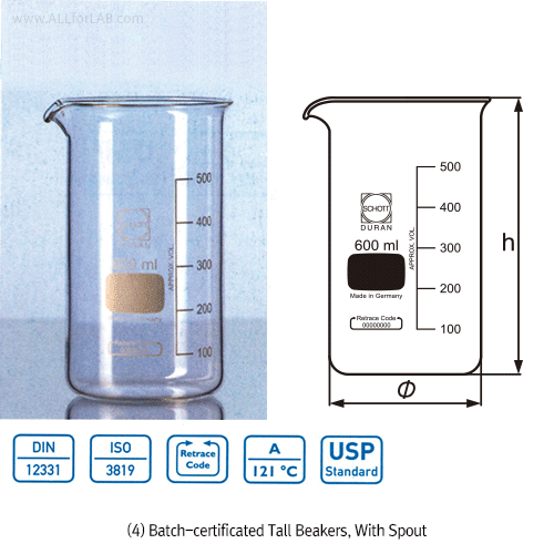 DURAN® Hi-grade Batch-certificated Tall Beakers, 50~2000㎖ Boro-glass 3.3, with Graduation, with/without Spout, DIN/ISO, / 고품질 유리 톨비커