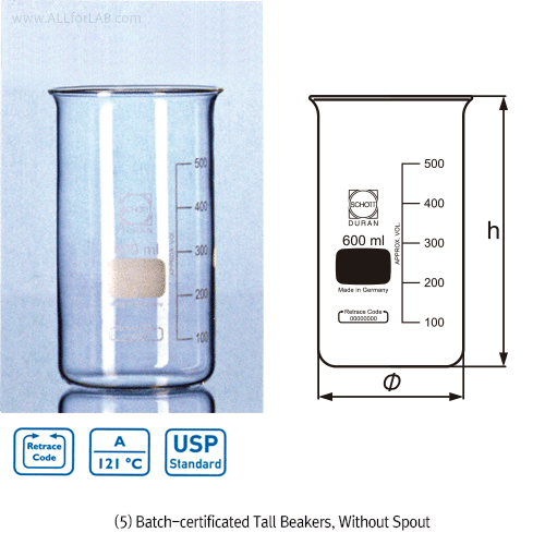 DURAN® Hi-grade Batch-certificated Tall Beakers, 50~2000㎖ Boro-glass 3.3, with Graduation, with/without Spout, DIN/ISO, / 고품질 유리 톨비커