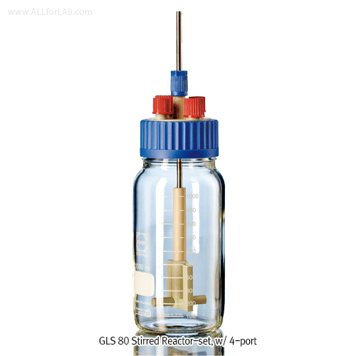 DURAN® Stirred Bottle Reactor-set, GL45/GLS 80, with Mag-Stir Shaft/Impeller and 2 & 4-Ports, 500~2000㎖ Ideal for Small Volume Mixing/Reaction, Up to 140℃, 500 rpm Autoclavable, FDA, / 자석교반기용 바틀형 반응조