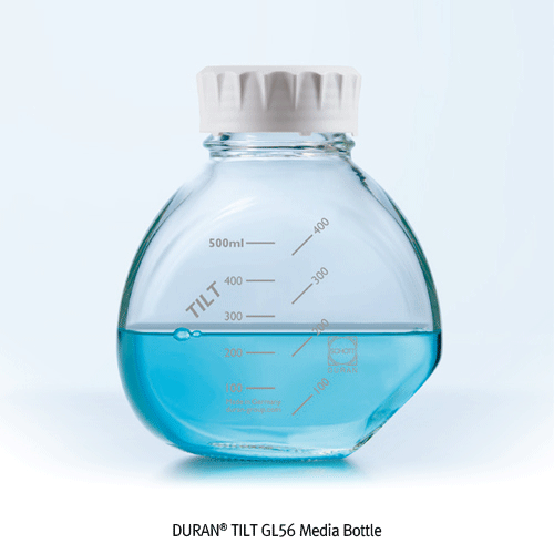 DURAN® TILT GL56 Media Bottle & Bottle Top Vacuum Filter System, Unique 45° TILT Position, 500㎖ with White GL56 PP Screwcap, 2-positioned Bottom, Borosilicate α3.3 glass, GL56 틸트 바틀 & 진공 여과장치