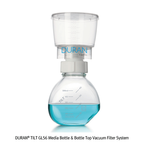 DURAN® TILT GL56 Media Bottle & Bottle Top Vacuum Filter System, Unique 45° TILT Position, 500㎖ with White GL56 PP Screwcap, 2-positioned Bottom, Borosilicate α3.3 glass, GL56 틸트 바틀 & 진공 여과장치