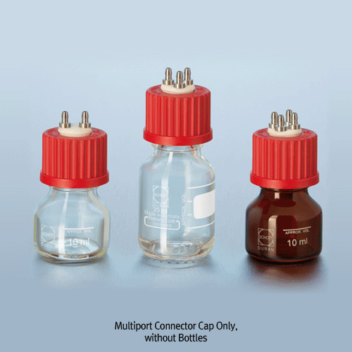 DURAN® Mini GL25 2-/3-/4-port Connector Caps and 10 & 25㎖ Bottles, with PTFE Insert and Stainless Steel Barbs Connection with id. Φ3.2mm Flexible Tubing, up to 180℃, Autoclavable, / GL25 멀티포트 컨넥터 캡 & 바틀