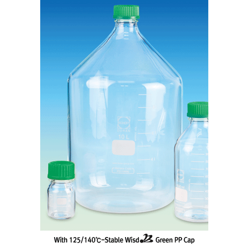 DURAN® “Leak-Proof” Hi-grade Lab Bottle with 3mm-thick PTFE/Silicone Septa-Sealed Cap, 10~20,000㎖ Ideal for Chemical Resist & Durability, Boro-glass 3.3, with DIN GL25~45 Screw & Graduation, Autoclavable, “리크프루프”랩바틀, 내약품용에 최적