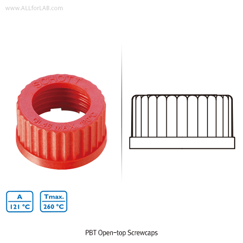 DURAN® High-Temp. PBT Opentop- & Closetop-Screwcaps, with Screw GL14~32, Anti-Chemical, -45℃ +200℃ Stable (1) Opentop-form : for O-Ring Seal/Inject-Septa, etc., (2) Closetop-form : for Closure, / 고온용 PBT 스크류캡