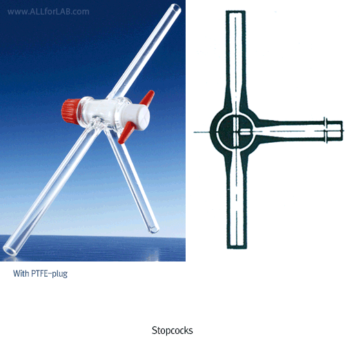 DURAN®&Witeg® Stopcocks, 3-way T-bore, Boro-glass 3.3, DIN/ISO, / 3방 코크