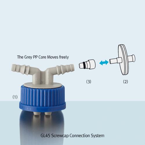 DURAN® GL45 Screwcap Connection System, with 2×Curved Hose Connections for GL45 Bottle 2 x Connection Screwcap, Ideal for Transfer of Media(Liquid) with id.Φ6~9mm Tubing, 140℃, PP